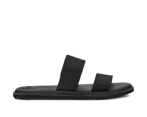 Sanuk Womens Yoga Gora Leather Black Slides | RCPJBG956